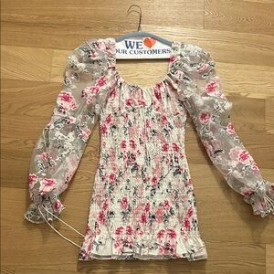 For Love & Lemons White Floral Smocked Mini Dress with Pink Roses